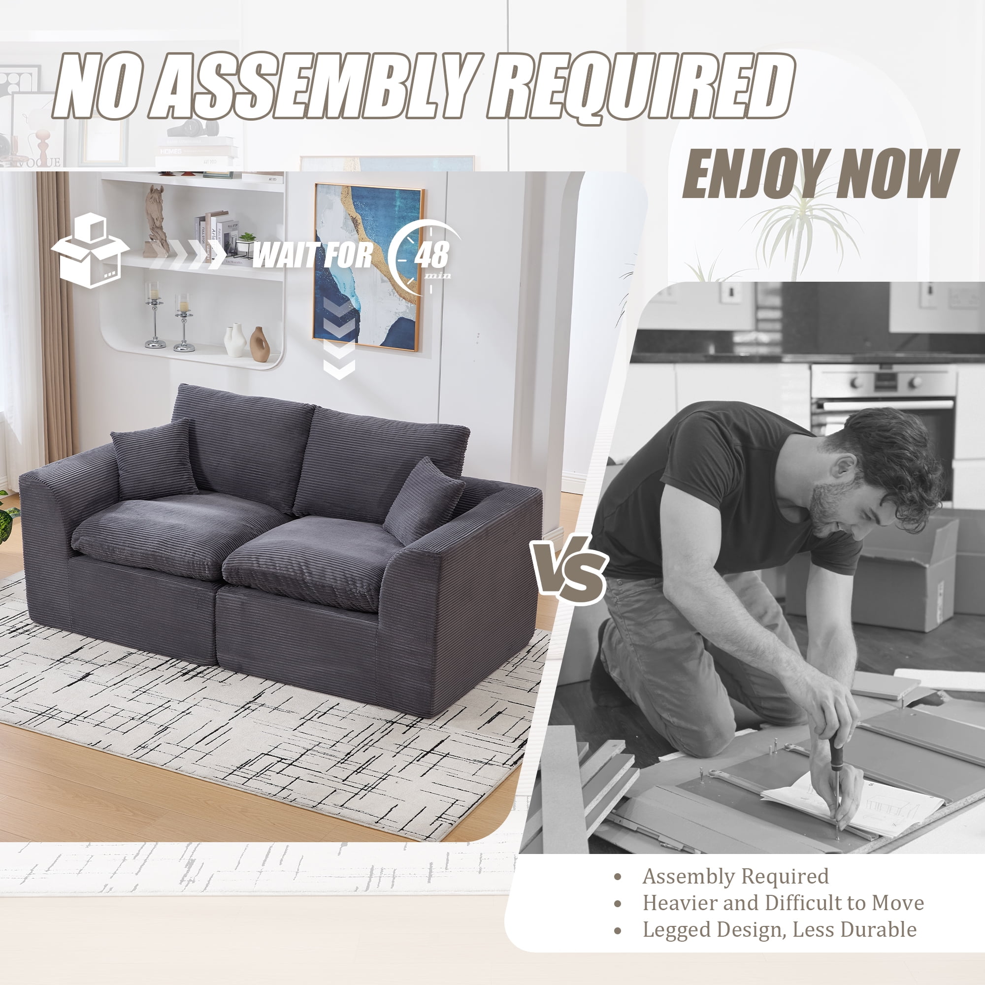 MOONMISS 80.3" Oversized Modular Sofa, Upholstered Corduroy 2 Seat Deep Seat Cloud Couch for Living Room Bedroom, No Assembly Required,Gray