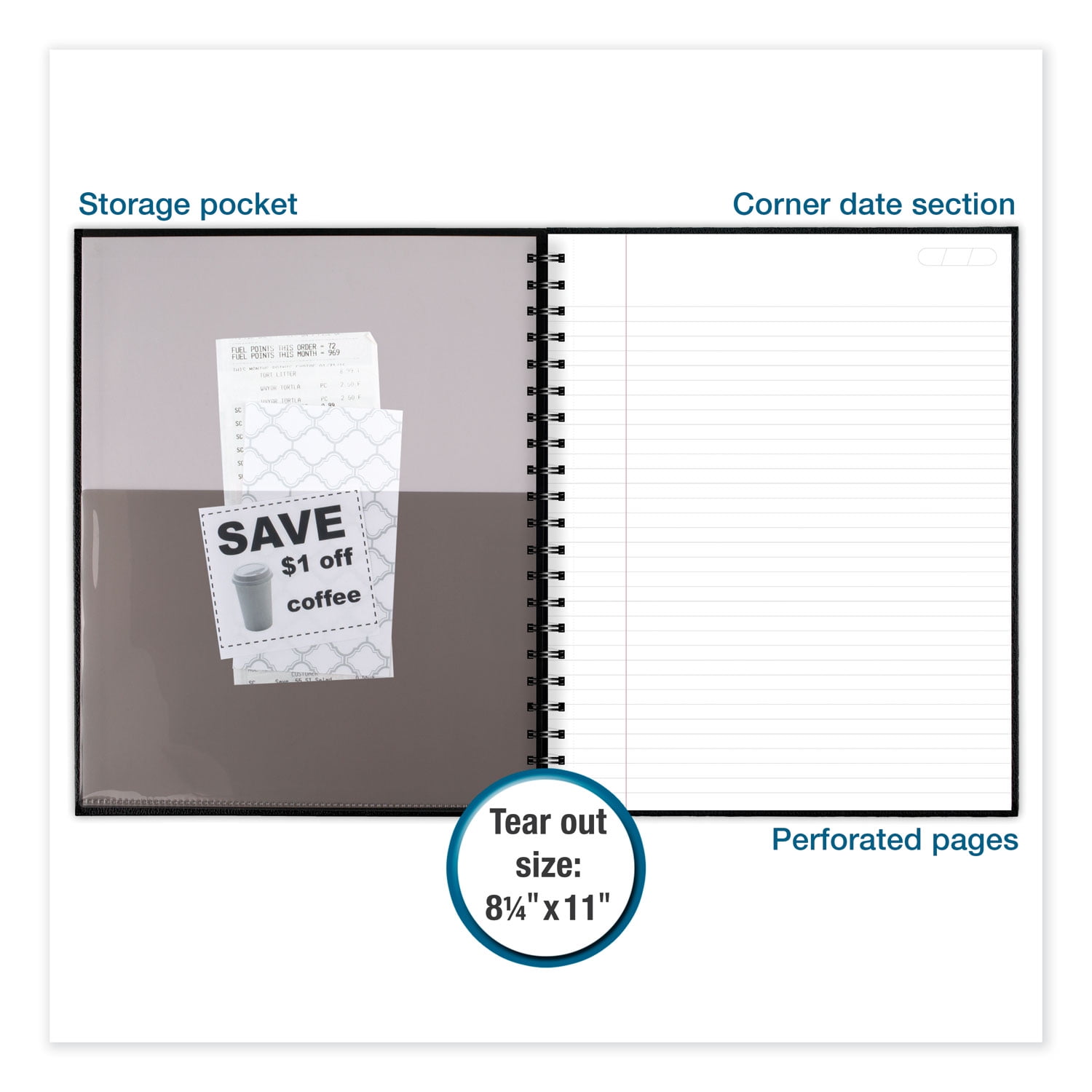 Mead Hardbound Notebook with Pocket, 1 Subject, Wide/Legal Rule, Black Cover, 11" x 8.5", 96 Sheets