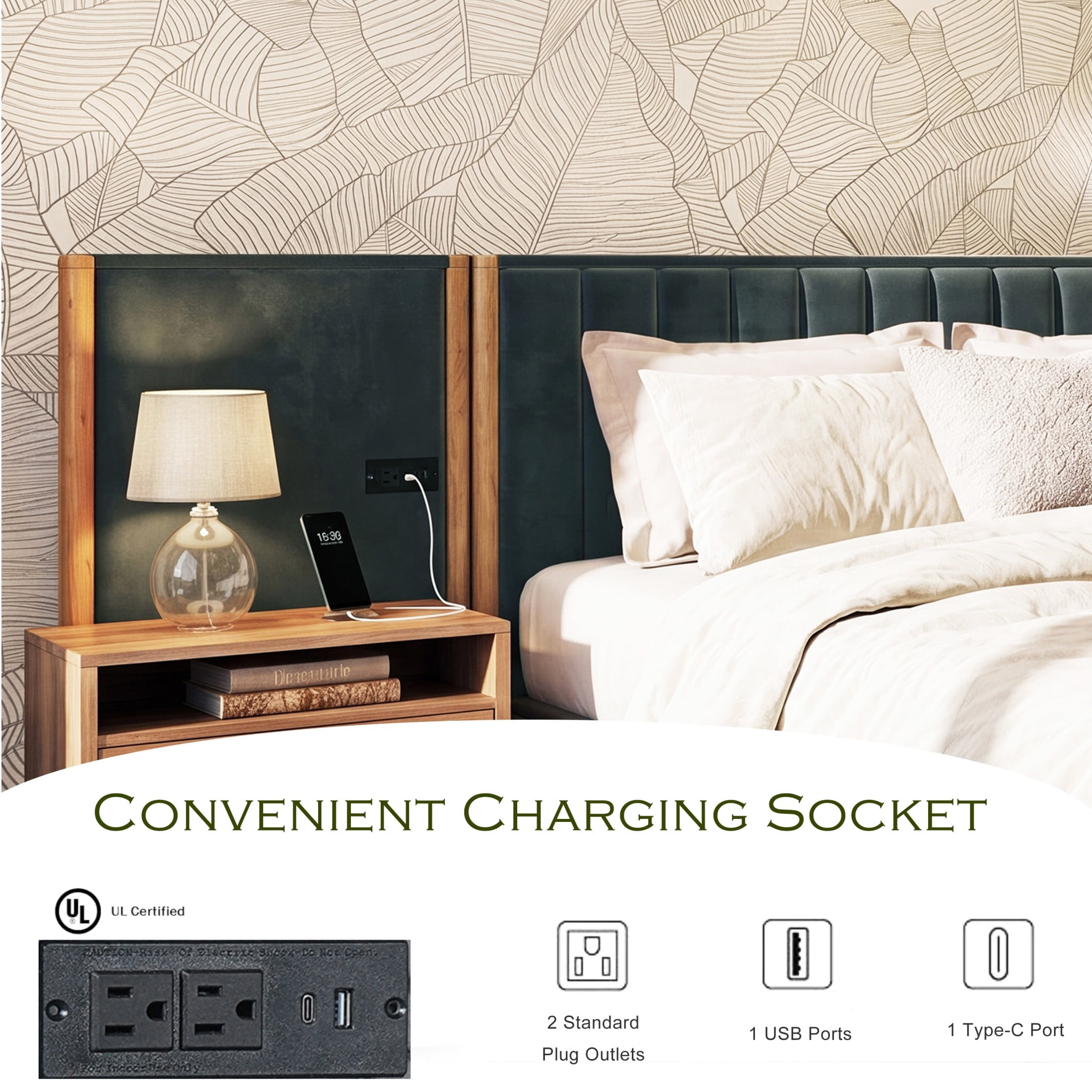 Christopher Knight Home California King Velvet Upholstered Bed Frame, Wingback Headboard with Charging Ports, Natural+Gray