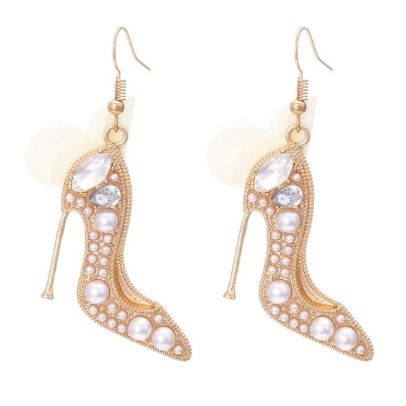Gold High Heel Shoe Earrings with Pearls & Crystal Rhinestones for Women, Fashion Statement Dangle Earrings