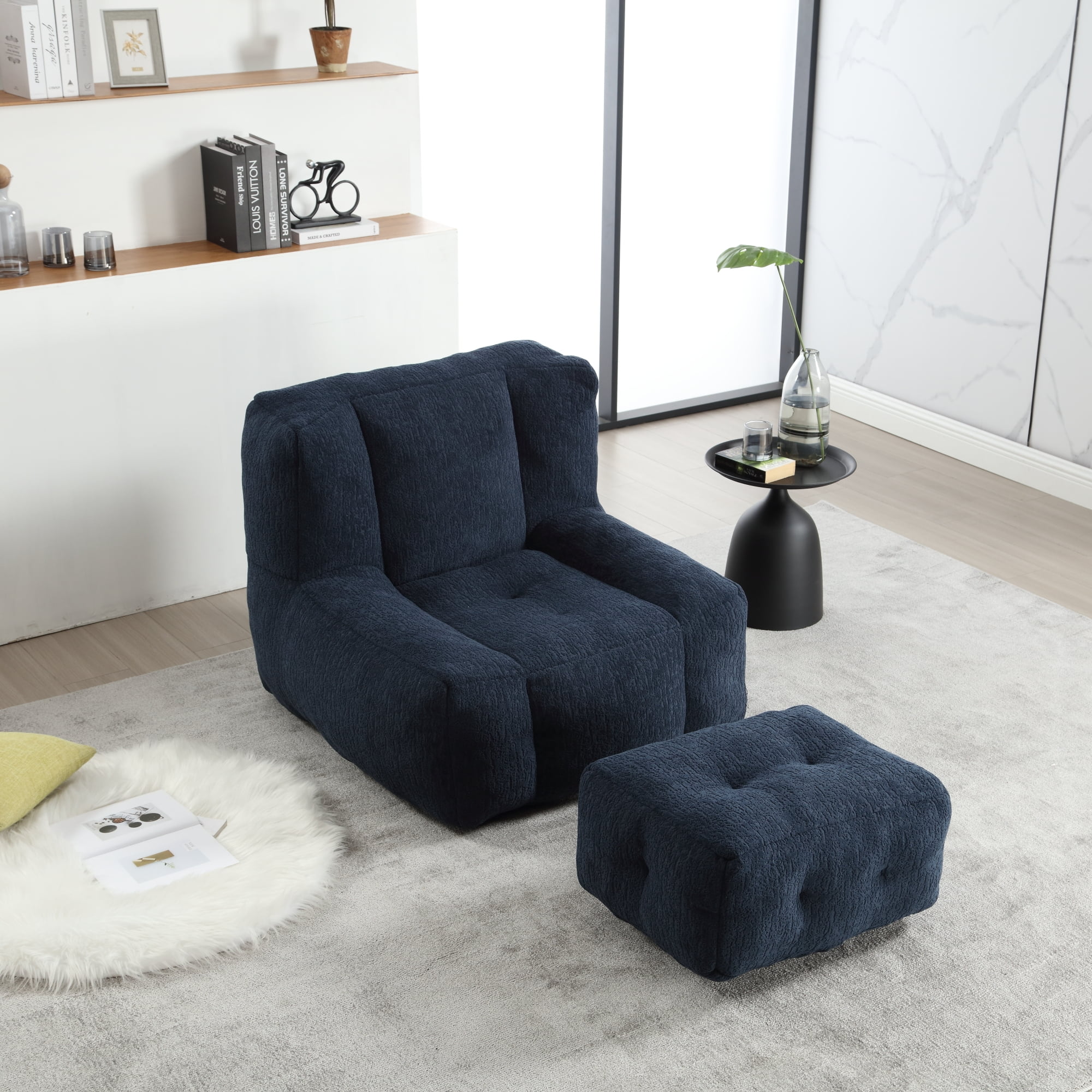 Accent Chair with Ottoman Set,Modern Velvet Bean Bag Chair for Adults and Childs,Upholstered Lazy Sofa Chair Armchair for Living room, Bedroom, Apartment,Blue