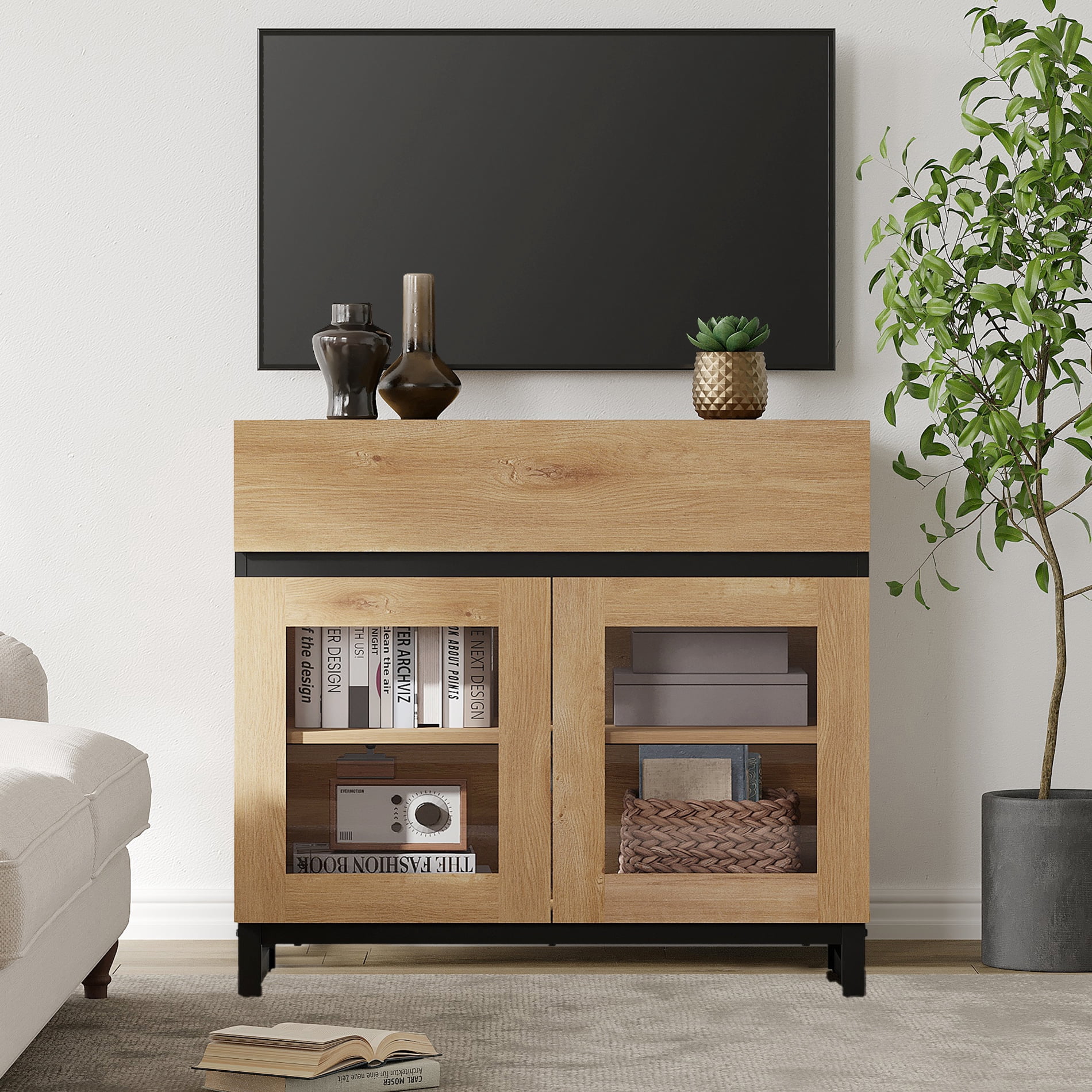Modern TV Stand with Tempered Glass Doors for 32-40 inch TVs, Entertainment Center Console with Single Drawer and Sturdy Metal Base