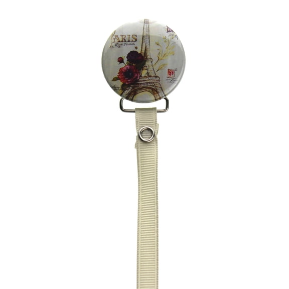 Eiffel Tower, Paris Pacifier Clip with Khaki Ribbon