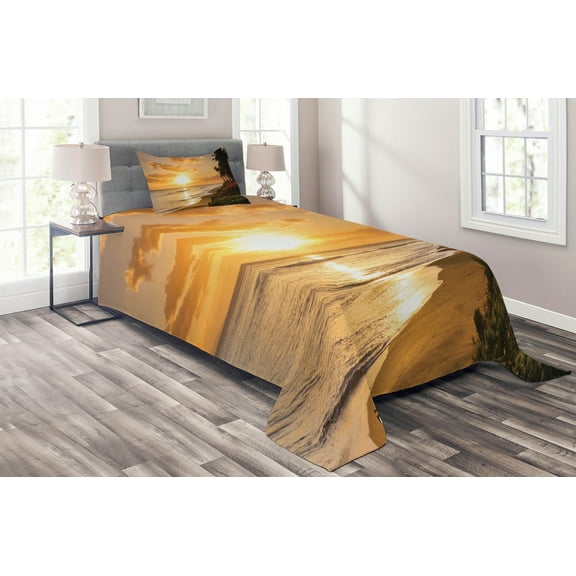 Ambesonne Tropical Quilted Coverlet 2 Pcs, Sunset on Sands Beach, Twin Size, Orange Green Pink