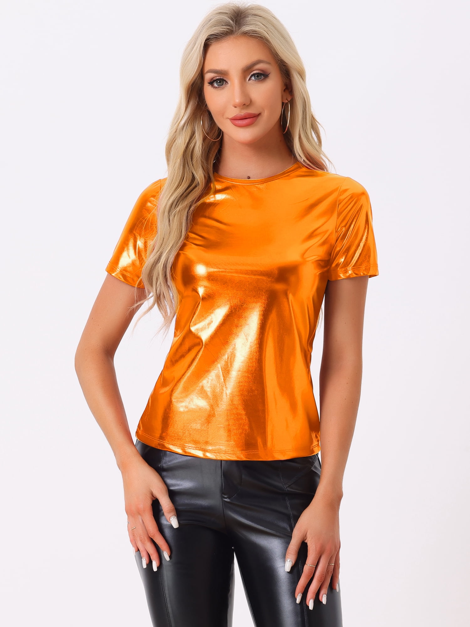 DARING DIVA Party Metallic Textured Short Sleeve Shiny Tops L Orange