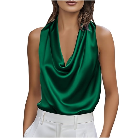 Satin Tank Tops for Women Dressy Sleeveless Cowl Neck Tops Elegant Satin Silk Blouse Trendy Summer Vacation Outfits Blusas De Seda Para Mujer