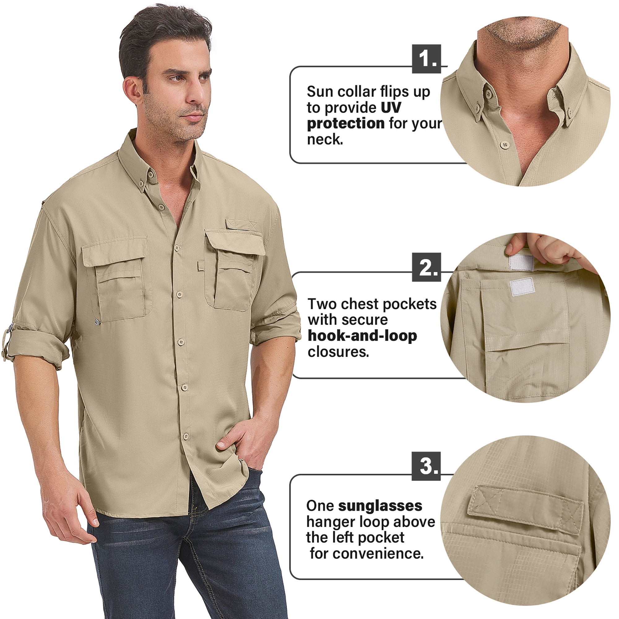 POENTAB Long Sleeve Fishing Shirts for Men Quick Dry Hiking Work Shirt Sun Protection UV UPF 50 Button Down Tops With Mesh Line Outdoor Safari
