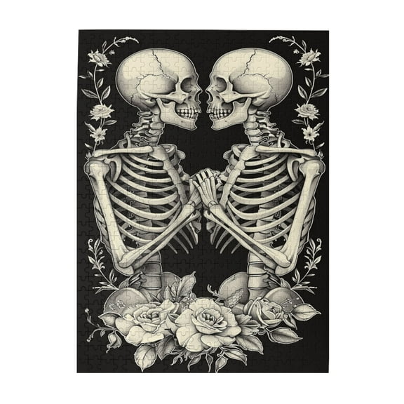 500 PCS Skeleton's Love - 500 Piece Unique jigsaw puzzles,Wonderful imagination,Featuring unique and bold illustrations,depicting a pair of skeletons together,Funny skeleton Wooden Puzzle Game