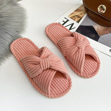 

FAIAI 2024 Womens Corduroy Bow House Slippers - Cozy Bedroom Slippers Memory Foam Slide Slippers open toe beige