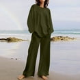 thumbnail image 2 of ibuvkizy Two Piece Sets for Women,Summer Women's Casual Shoulder Sleeved Long Sleeved Round Neck Top/Loose Straight Tube with Pocket Long Pants Set Green,XXXXXL, 2 of 6
