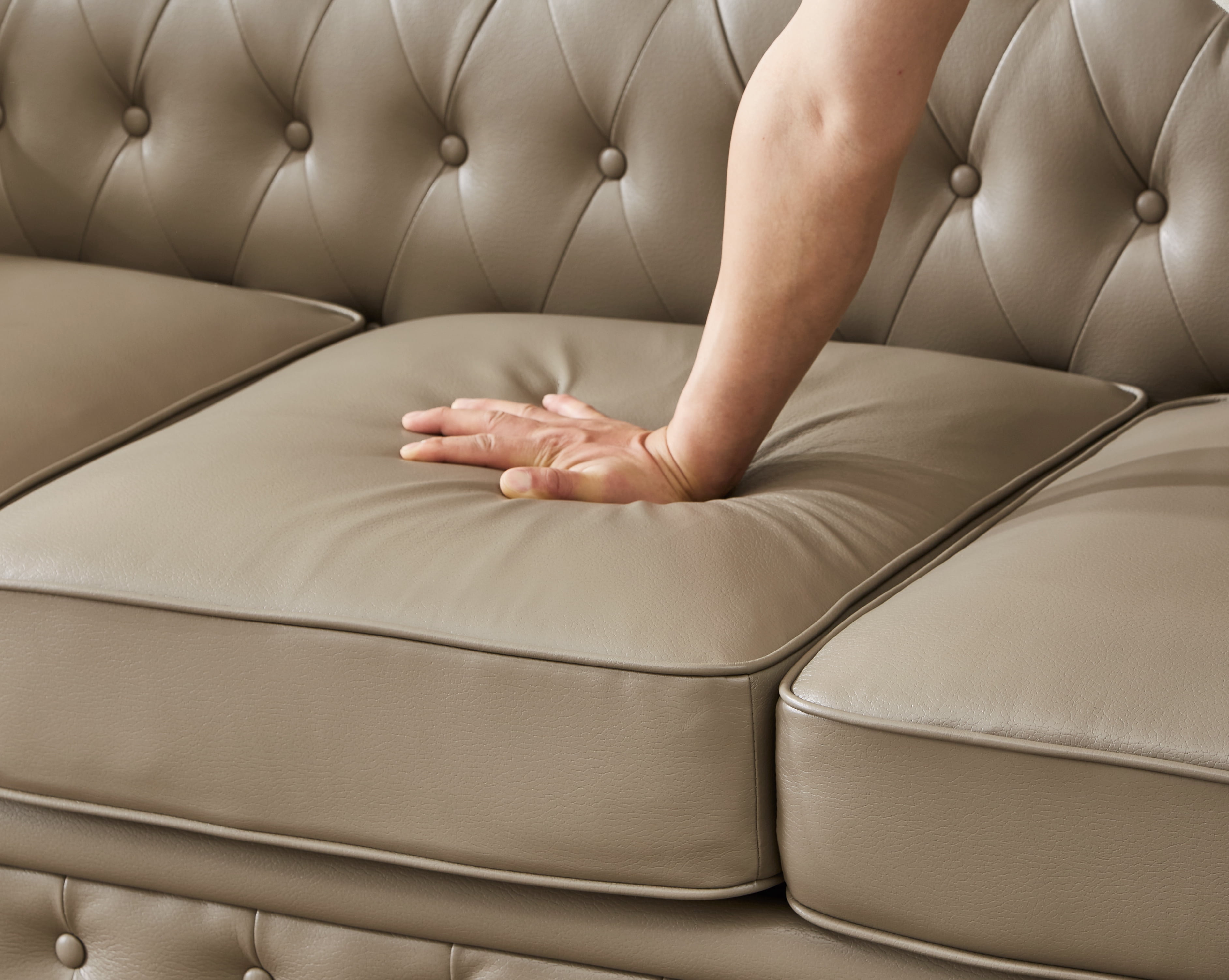 Noodeniya Chesterfield Sofa with Rolled Arms, Upholstered Sofa Padded Seat, Button Tufted Sofa with Nailhead Trim and Backrest, Faux Leather Couch, Khaki