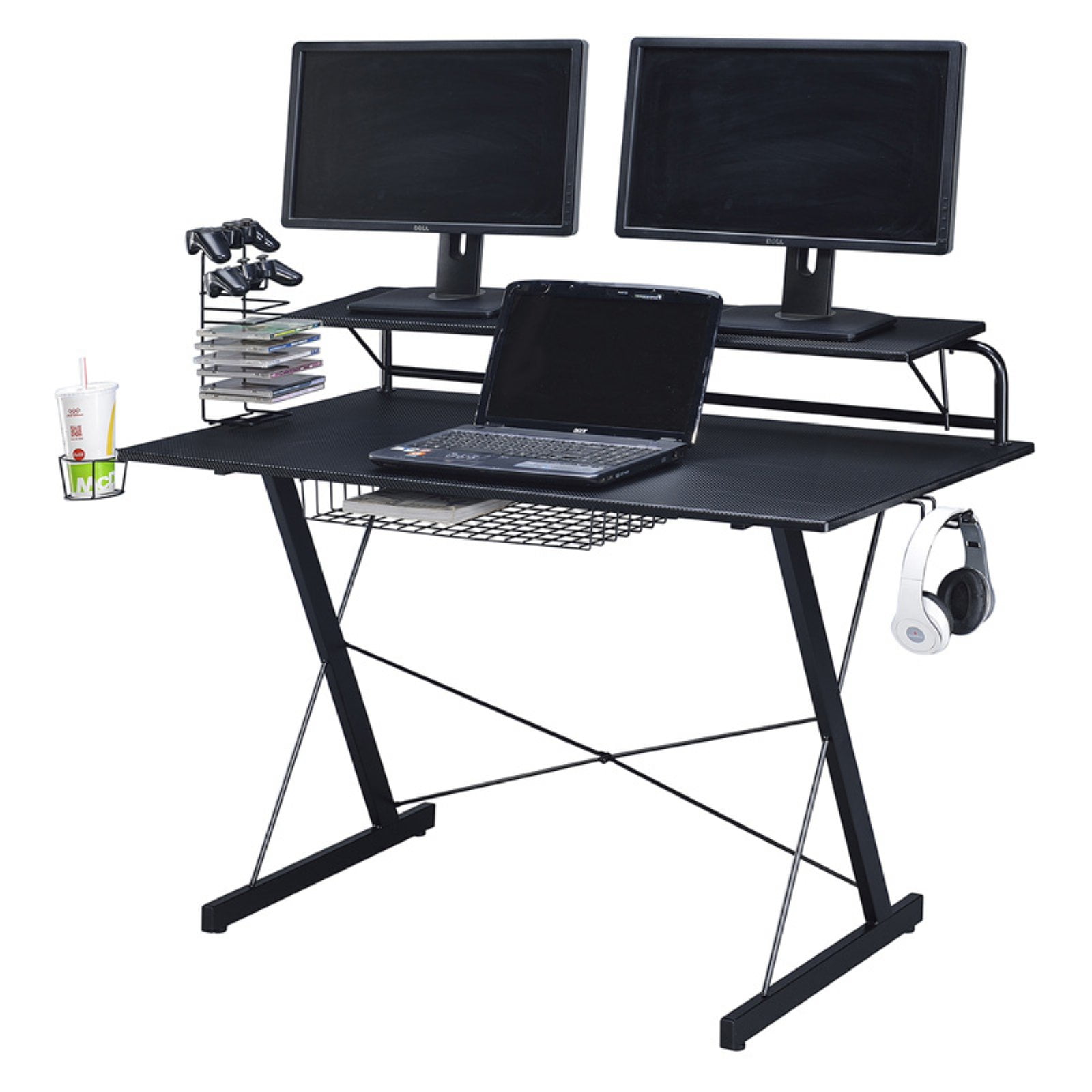 Black Carbon Computer Gaming Desk With Adjustable