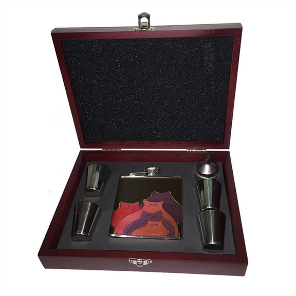 KuzmarK 6 oz. Leather Flask Set in Rose Wood Presentation Box -  Pink Red Purple Abstract Kitites Cat Art by Denise Every