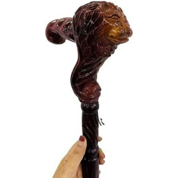 Wooden Lion Head Cane Wooden Walking Stick Handle Wood Carved Walking Gift Items for Men Women Brown