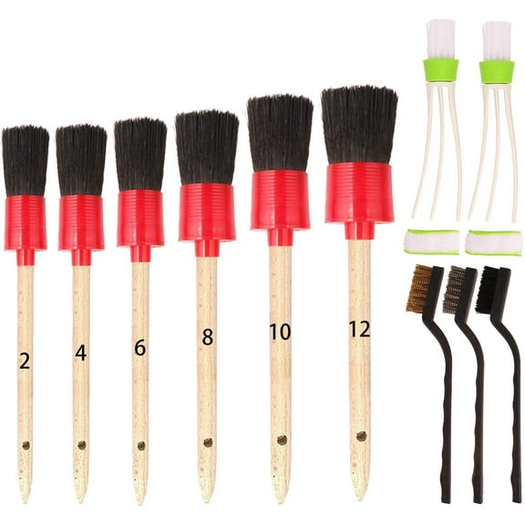 11 Pieces Car Detailing Brush Set for Cleaning Wheels,Interior,Exterior,Leather, Includes 6 Pcs Wooden Handle Boar Hair Automotive Detail Brush,3 Pcs Wire Brush and 2 Pcs Air Conditioner Brush