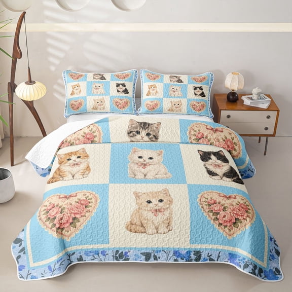 Homewish Blue Pet Cat Plaid Twin Quilt Set,Lovely Floral Twin Coverlet Set,2pcs