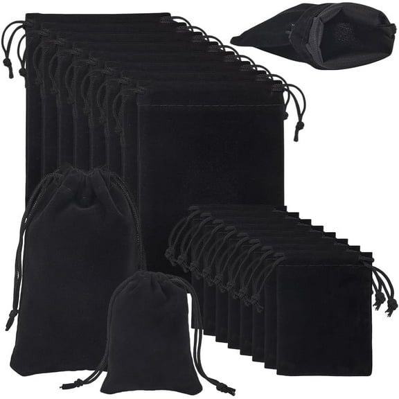 20Pcs Black Velvet Drawstring Bags 2 Sizes Thick Jewelry Pouches Candy Gift Pouches