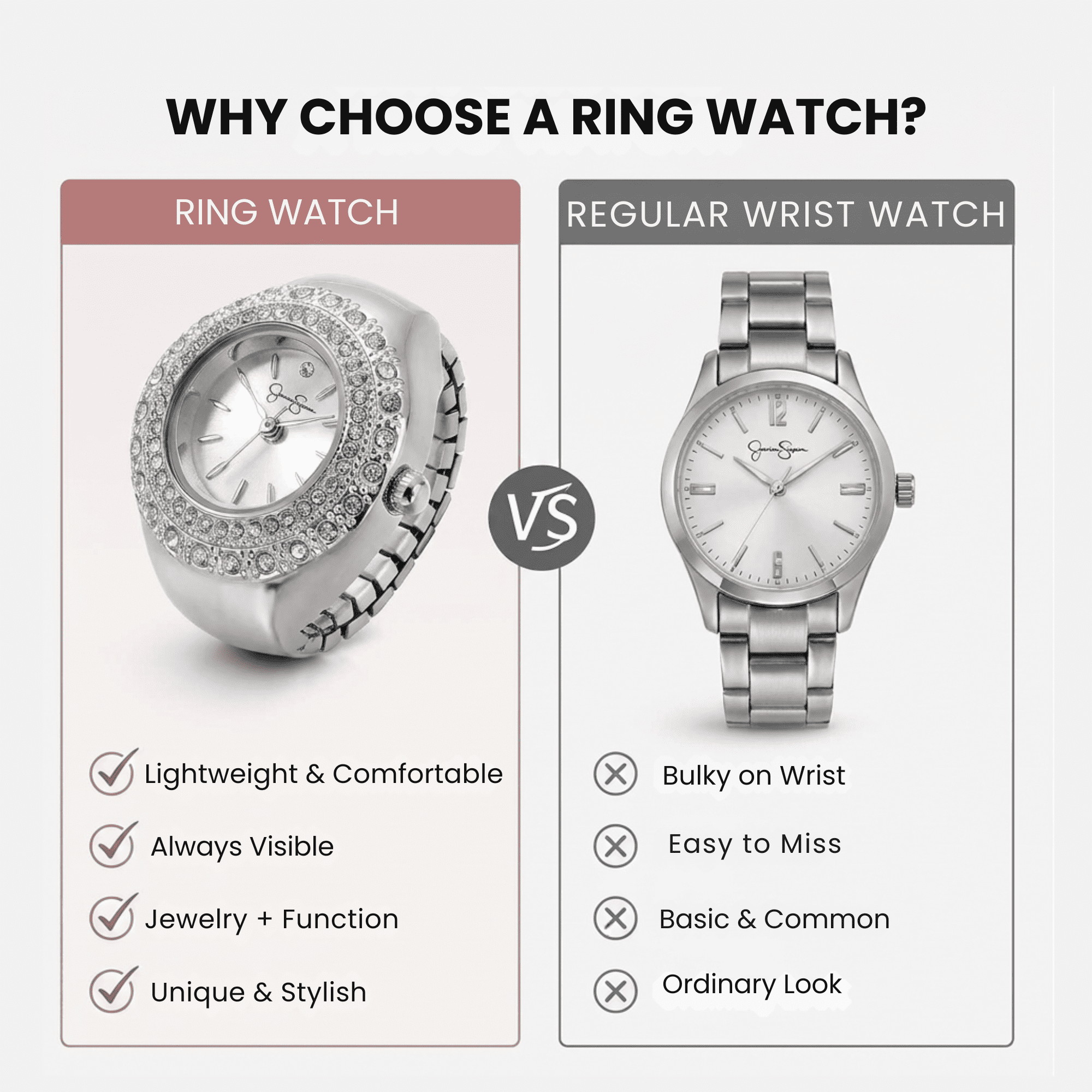 Jessica Simpson Women's Silver Adjustable Ring Watch – Crystal Bezel, Quartz Analog Mini Dial, Stretch Band Fashion Jewelry Accessory