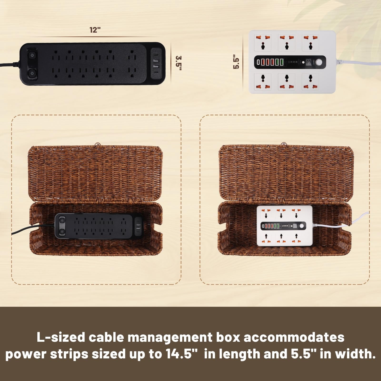 Cable Management Box  Rattan Style Cord Organizer For Desk Hider Outlet Covers Proofing Power Strip Tv Pc Router Under Storage With Lockable Lid And Ties