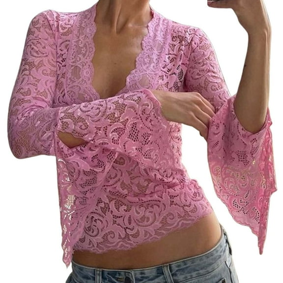 Sexy Deep V Neck Slim Fit Long Sleeve Lace Top for Women Elegant Versatile Fashionable Stylish Feminine Comfortable Blouse