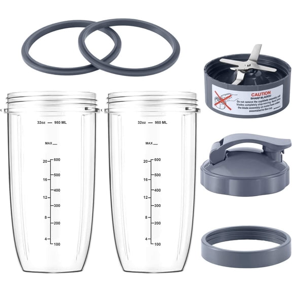 Nutribullet Blender Cup Replacement Kit, 32oz Huge Cup, Flip-Top Travel Lid, Premium Extractor Blade, Compatible with NutriBullet 600W Pro 900W, Clear