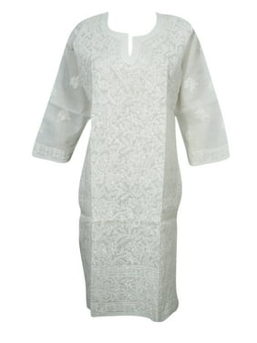 Mogul Women's White Floral Hand Embroidered Cotton Kurta Long Sleeves Handmade Dress M