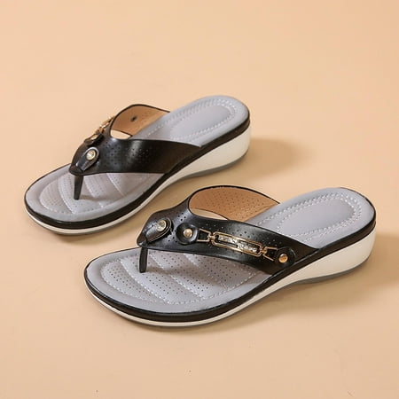 

Sodopo Women s Casual Summer Sandals with Arch Support Flip Flops Platforms Wedge Sandals Decorative Metal Buckle Beach Leather Womens Walking Shoes