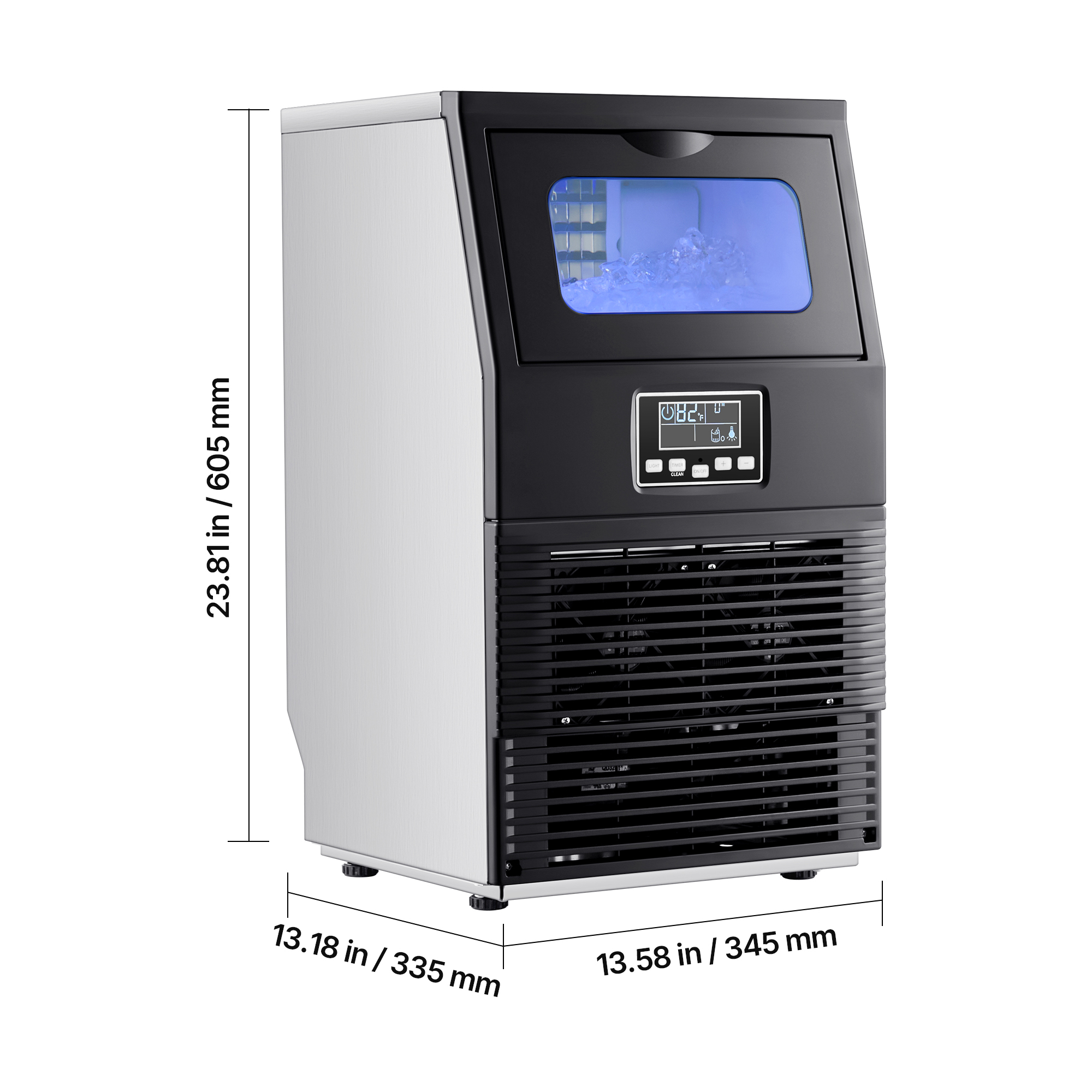 KFFKFF Commercial Ice Maker Machine, 80 lbs/24h with 12 lbs Storage, 32 Cubes per Cycle, Stainless Steel Freestanding & Countertop Ice Maker with LED Display and Self-Cleaning Function