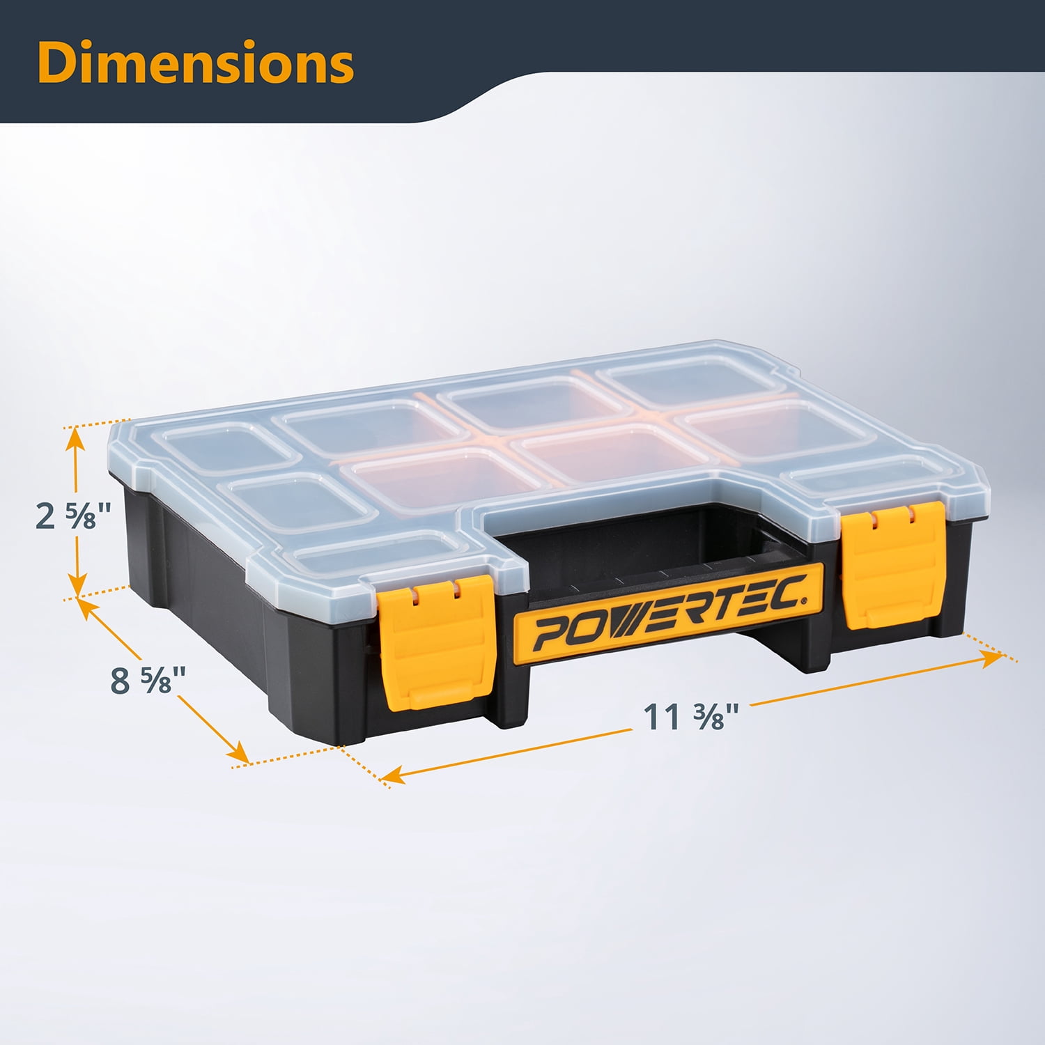 POWERTEC Small Parts Organizer & Tool Box – 10 Compartments, Stackable Storage with Removable Dividers, Clear Lid, Portable Design (72117N)