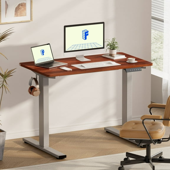 FLEXISPOT 48"x30" Home Office Height Adjustable Standing Desk with Hooks, Ergonomic Electric 2-Stage Stand Up Computer Desk, Gray and Mahogany