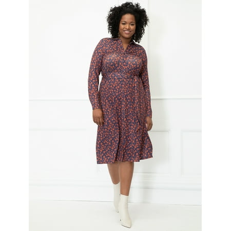 ELOQUII Elements Women's Plus Size Wreath Print Midi Shirt Dress with Tie Waist
