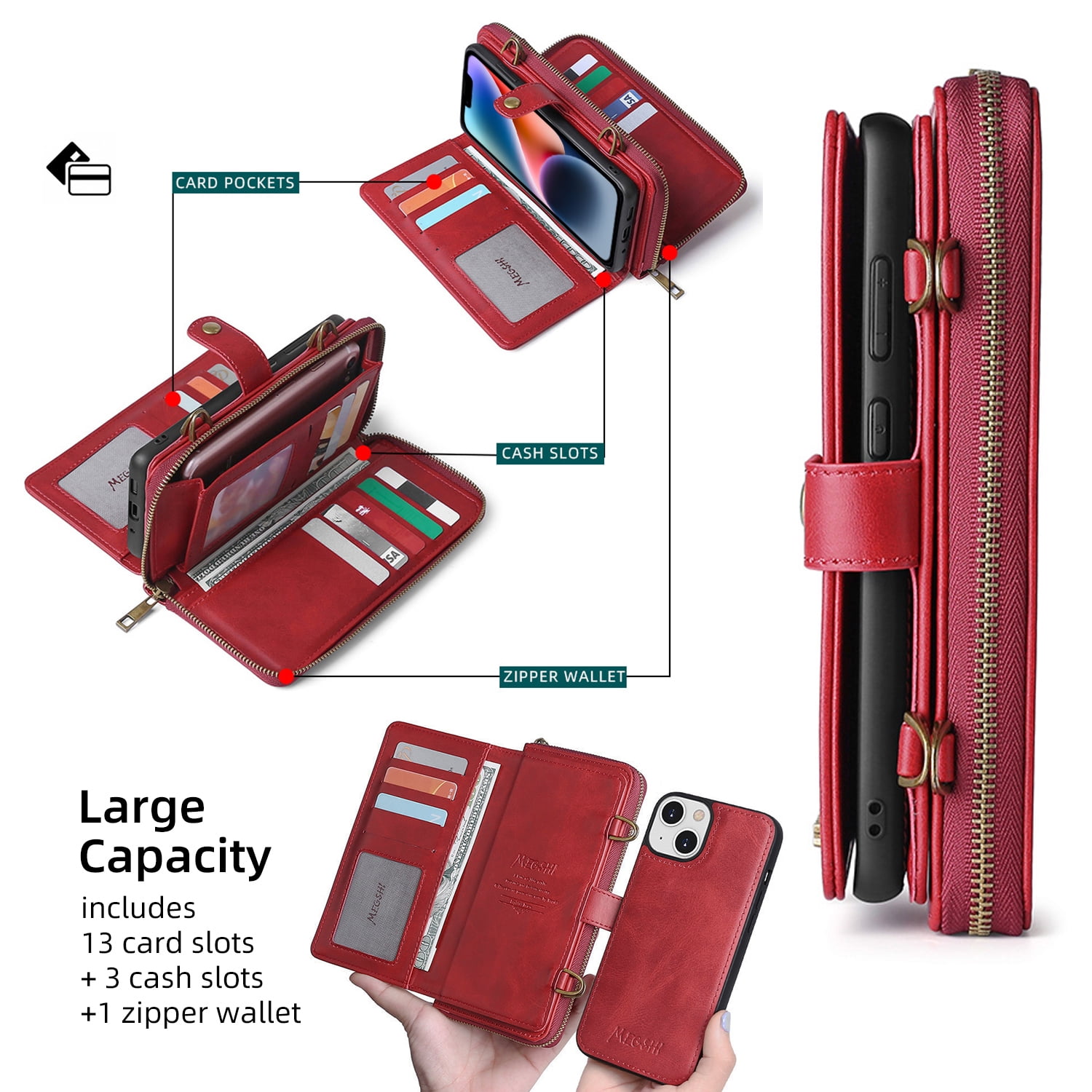 ELEHOLD Flip Wallet Case for iPhone 14 PU Leather Purse Case with Large Capacity 13 Card Slots Zipper Pocket Kickstand Magnetic Detachable Case Cross Body Shoulder Strap Shockproof Protective,Red