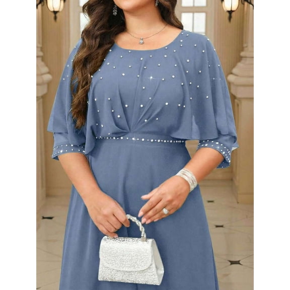 Dusty Blue Plus Size Elegant Party Dress With Rhinestone-Embellished Bodice, Cap Sleeves, And Belted Waist