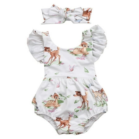 Bilo store Infant Baby Girl Ruffled Cap Sleeve Sunsuit Romper with Self-tied Headband 2 pcs Outfit Set (100/12-18 Months)