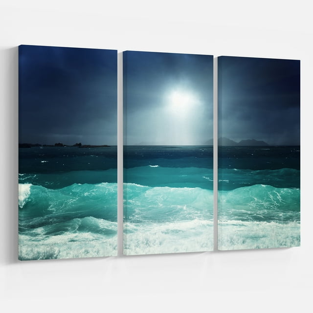 Designart - Green Ocean Waves under Dark Sky - Sea & Shore Photographic on Wrapped Canvas set