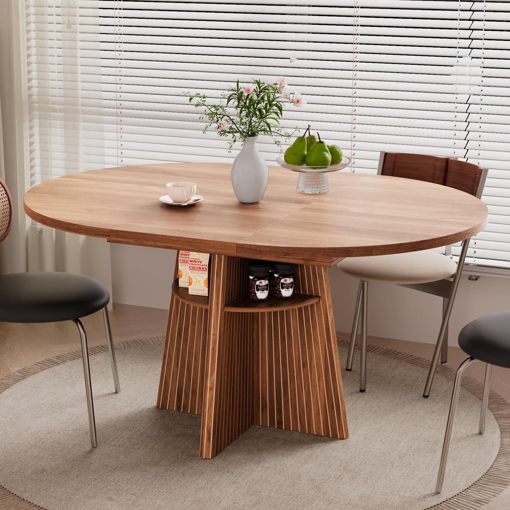 43.3–59" Extendable Dining Table for 4–8, Round Kitchen Table with Fluted Base & 4 Storage Shelves for Living Room, Walnut