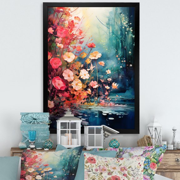 Designart "Pink Enchanted Floral Botanical" Floral Framed Wall Art - Modern Pink Abstract Botanicals Living Room Framed Canvas Art