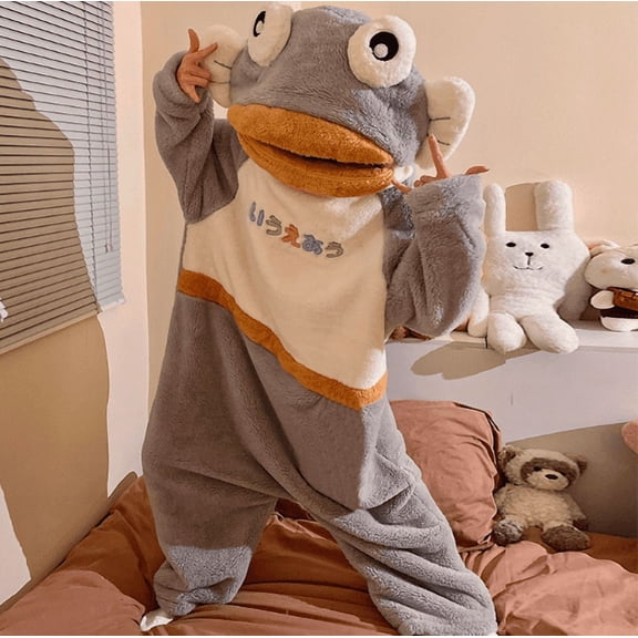 Funny Cartoon Coral Fleece Women’s Onesie Thickened Lazy Style Hoodless Jumpsuit Sleepwear, Cute Cartoon Style Collar‑Free Women Pajama for Home Rest & Daily Relax