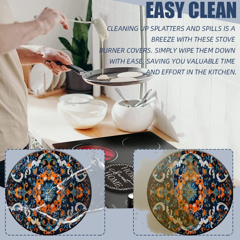 Round Burner Covers for Electric Stove, Vintage Boho Intricate Flowers Metal Stove Burner Covers Expands Counter Space Set of 4, 8 Inches and 10 Inches