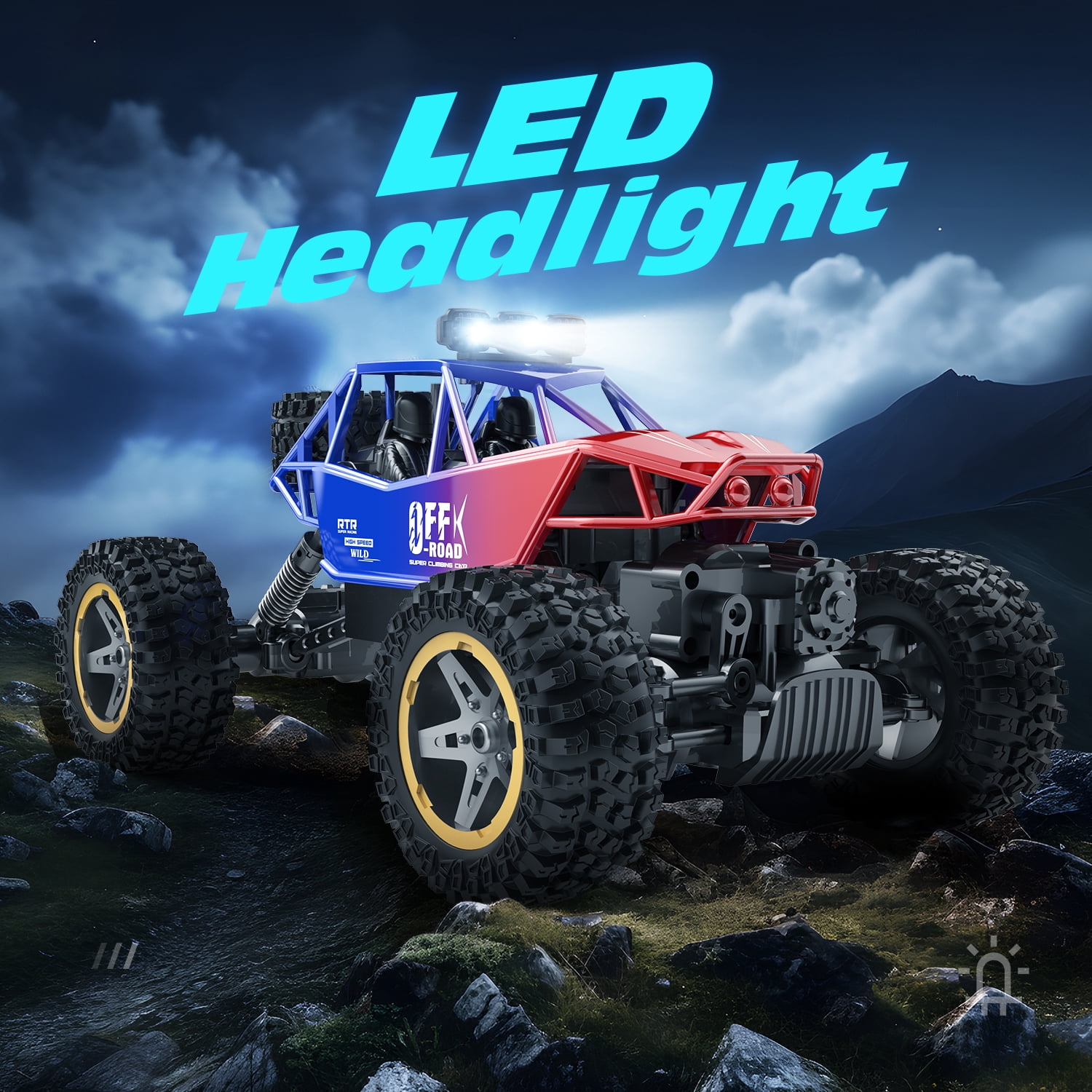 JoyStone 4WD RC Cars, 1:16 Off Road Monster Truck with LED Headlight Rock Crawler, 2 Batteries for 70+ Min Play, Gift Toys for Girls Kids Boys (Red & Blue)