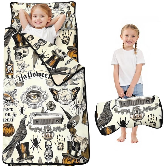 Beige Halloween Skull Pumpkin Pattern Toddler Nap Mats for Kids Preschool,50"x20" Sleeping Mat Bag or Kids,Toddler Sleeping Bag,Toddler Nap Mat or Daycare