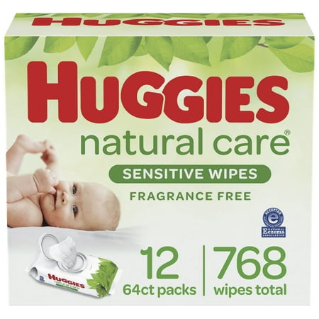 Huggies Natural Care Sensitive Baby Wipes, Unscented, 12 Flip-Top Packs (768 Wipes Total)