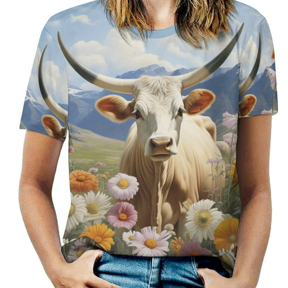 Farmhouse Highland Cow Funny Cattle And Flower Women's T-Shirt Short Sleeve T Shirts Tops Tee Ladies Loose T
