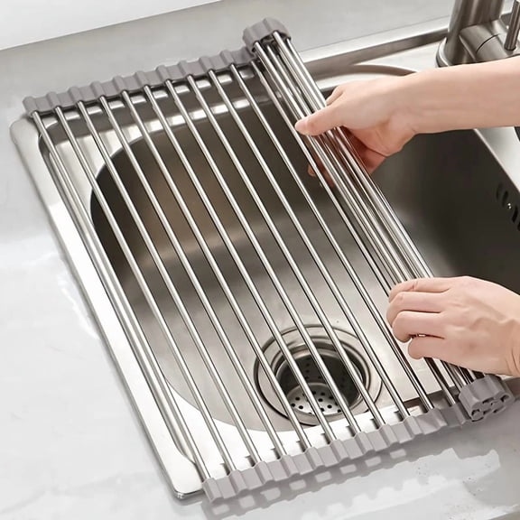 Roll Up Dish Drying Rack Foldable Stainless Steel Over Sink Kitchen Dish Drainer Organizer