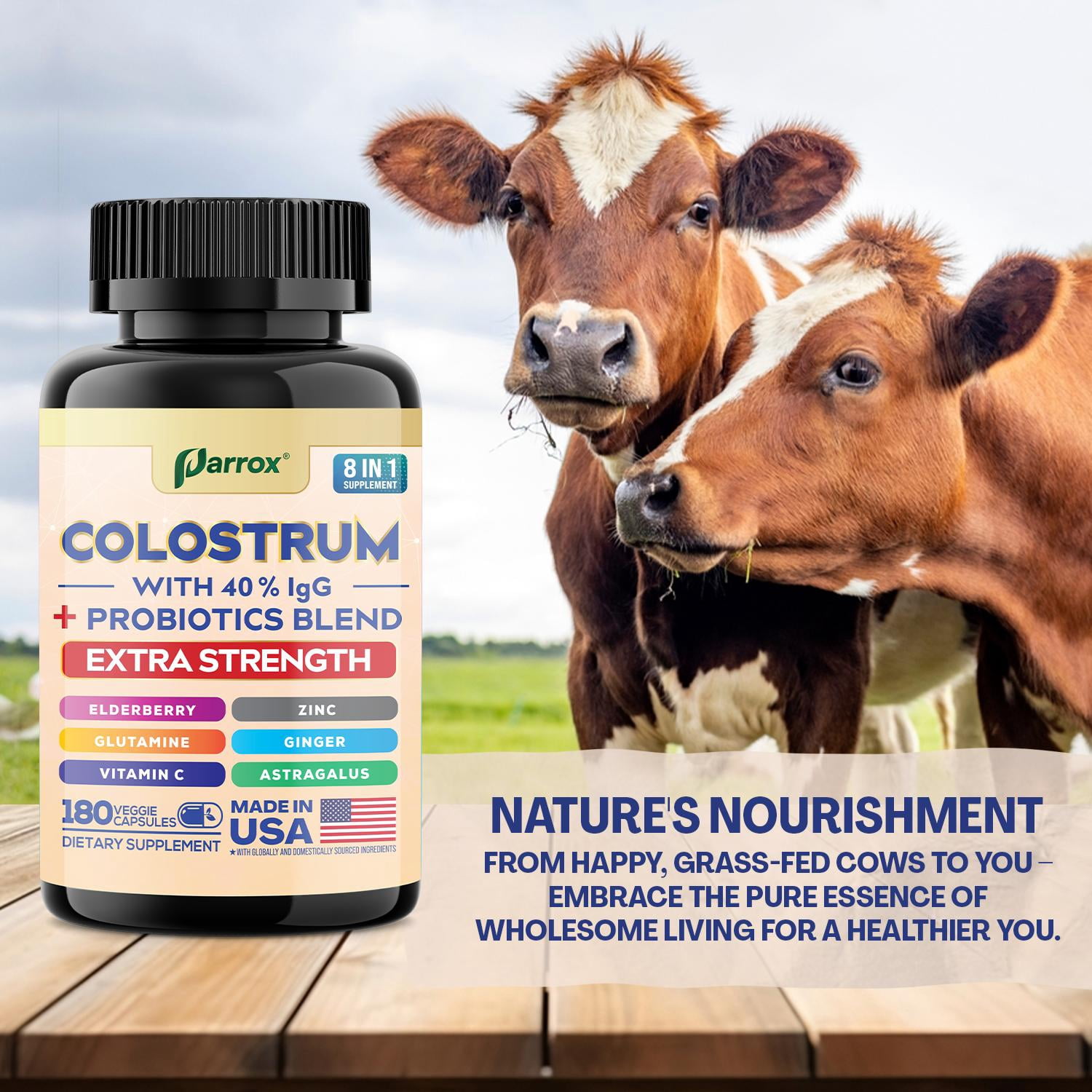 Parrox Colostrum Supplement Capsule, Grass Fed Cow Colostrum with 40% IgG, Probiotics Blend, Elderberry, Astragalus, Zinc, Ginger, Vitamin C, L-Glutamine, 8 in 1 Extra Strength Bovine Boost(180 Caps)