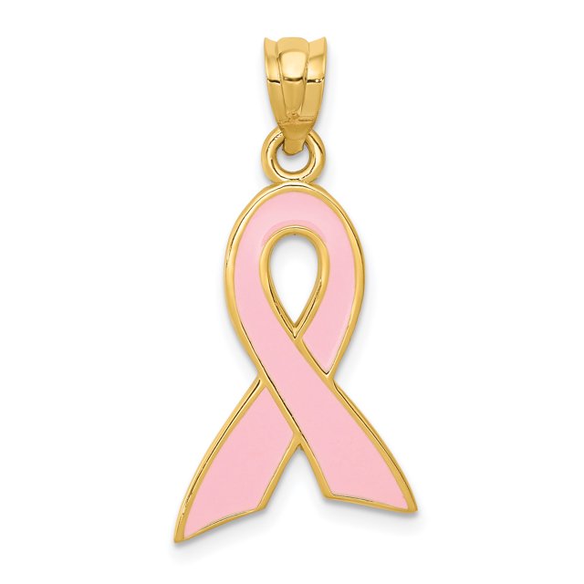 14k Or Jaune Grand Ruban de Sensibilisation Rose Collier Pendentif Awarenes