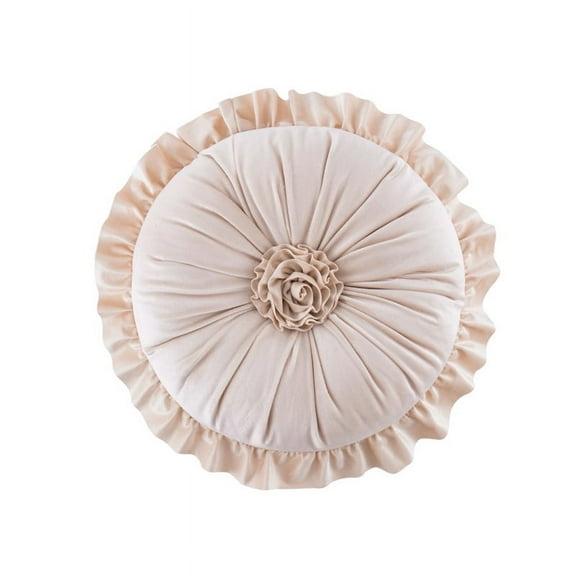 Zhuge Round Throw Pillow with Ruffles, Pumkin Pleated Velvet Chair Cushion 3D Floral Decorative Floor Pillow for Sofa Bedroom Office Car (Beige,Diameter 14")