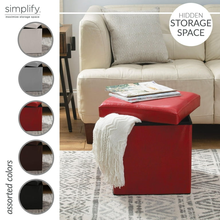 Simplify Faux Leather Folding Storage Ottoman Cube in Red Simplify Faux Leather Folding Storage Ottoman Cube in Red