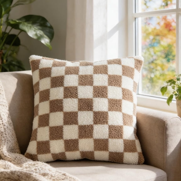 18 X 18 Inch Square Checkered Sherpa Throw Pillow Soft Plush Fluffy Decorative Accent Pillow For Couch Sofa Bed Living Room And Home Decor