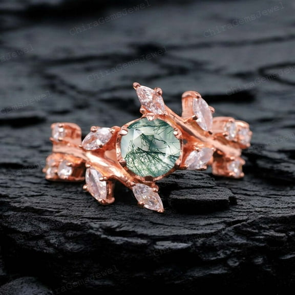 Moss Green Agate and Moissanite - Beautiful Leaf Bridal Ring 18K Rose Gold Plating over Silver Nature Inspired Ring Wedding GIft for Sister